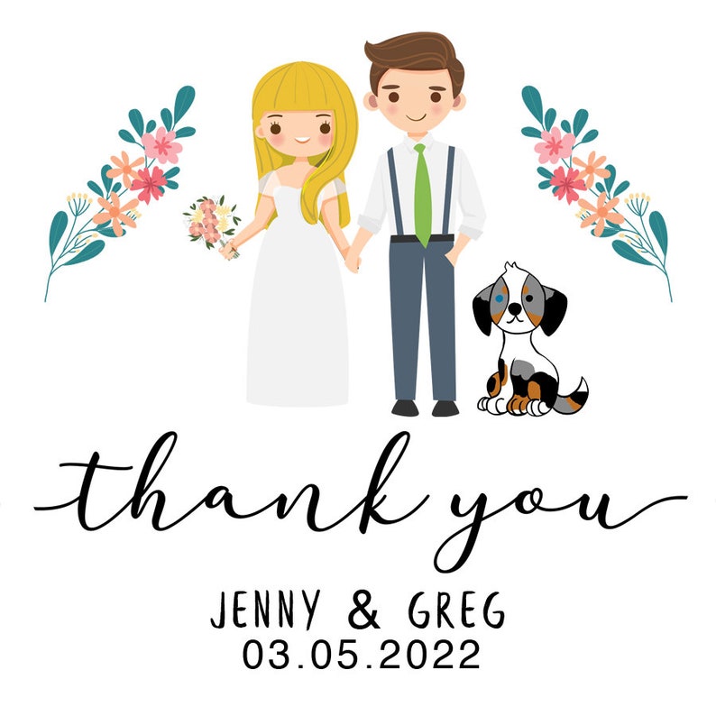 100 Wedding Thank You labels, Wedding Favor Stickers, Cartoon Figure Personalization Premium Labels-NEXT DAY SHIPPING image 8