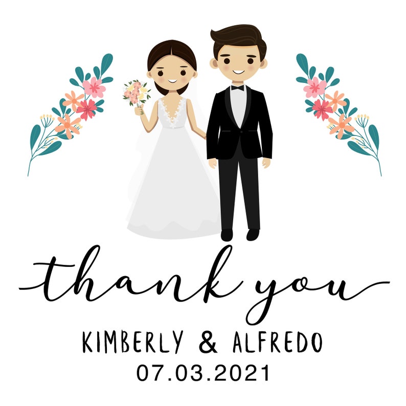 100 Wedding Thank You labels, Wedding Favor Stickers, Cartoon Figure Personalization Premium Labels-NEXT DAY SHIPPING image 10