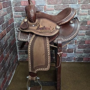 Hand Carved Leather Western Saddle: Pleasure Trail Barrel Racing with Headstall & Reins