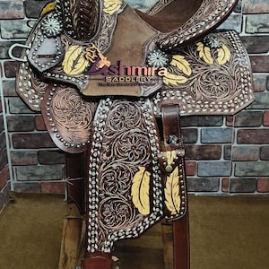 Barrel Western Saddle Hand Tooled Leather Heavy Duty Leather Comfortable Padded Seat With Free Shipping