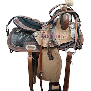 Leather Western Hairon Horse Saddle Tack Set, Barrel Racing Saddle image 1