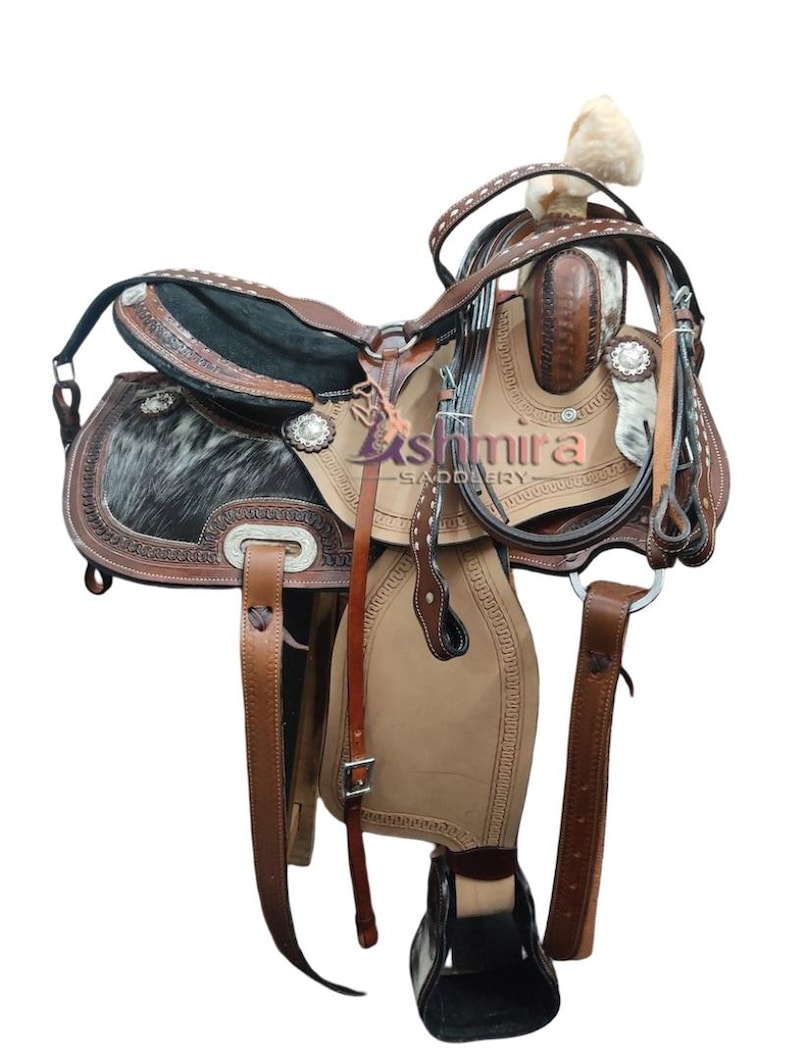 Leather Western Hairon Horse Saddle Tack Set, Barrel Racing Saddle image 1