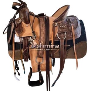 Western Leather Roping Saddle Ranch Trail Barrel Horse Tack Hand Tooled with Tack Set Free Shipping