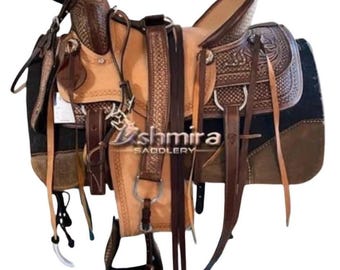 Western Leather Roping Saddle Ranch Trail Barrel Horse Tack Hand Tooled with Tack Set Free Shipping