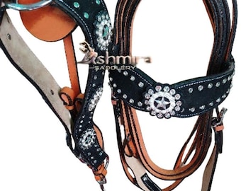 Western Leather Headstall & Breast Collar Set: Silver Concho, Rhinestone Trim