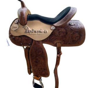 Hand Tooled Leather Western Barrel Saddle Tack Set: 10-18 inch Seat