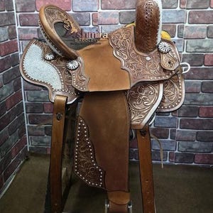 Western Barrel Leather Horse Saddle Pleasure Trail Comfort Seat With Matching Headstall Breast Collar & Reins Free Shipping