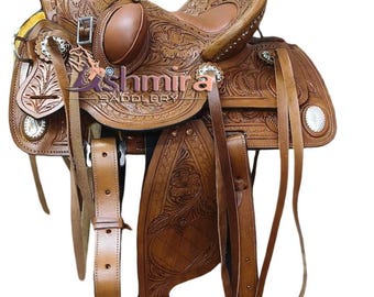 Hand Carved Leather Western Ranch Saddle with Tack Set - FQHB