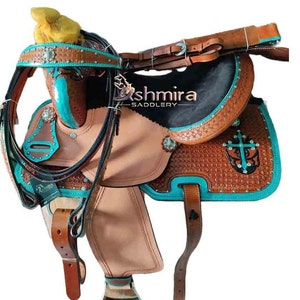 Western Leather Barrel Saddle Set: Teal Cross, Hand Carved Tooling