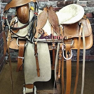 Premium Leather Western Horse Saddle Trail Roping Barrel Racing With Tack Set Free Shipping