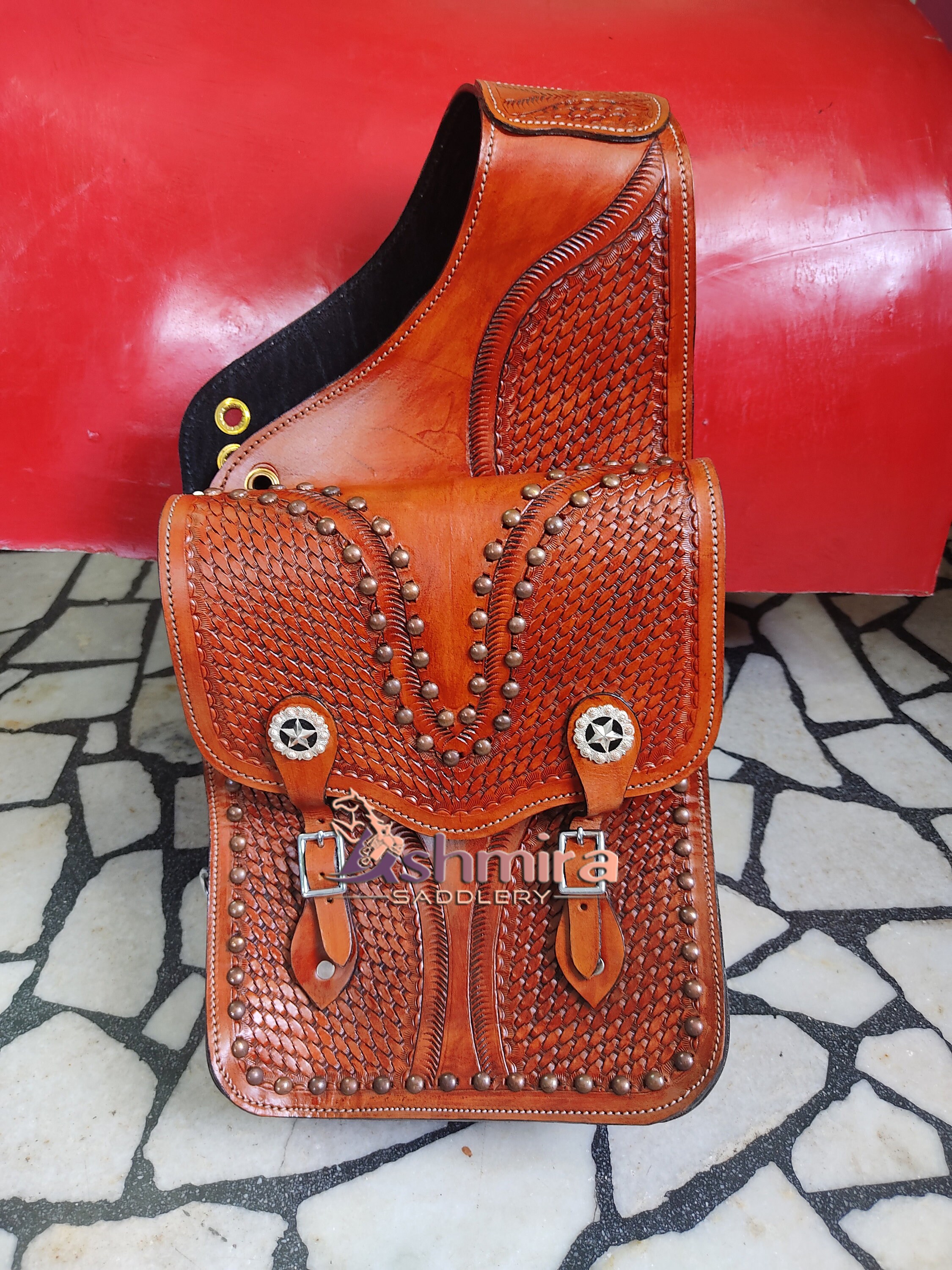 Sacoche De Selle Western En Cuir – Motif Floral – Fait Main – Inde (neuf)