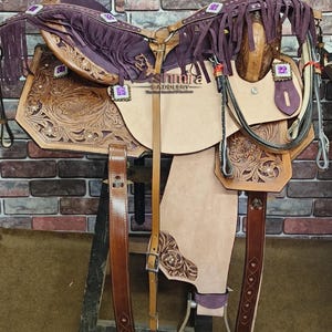 Hand Carved Leather Western Saddle: Pleasure Trail Barrel Racing with Headstall & Reins