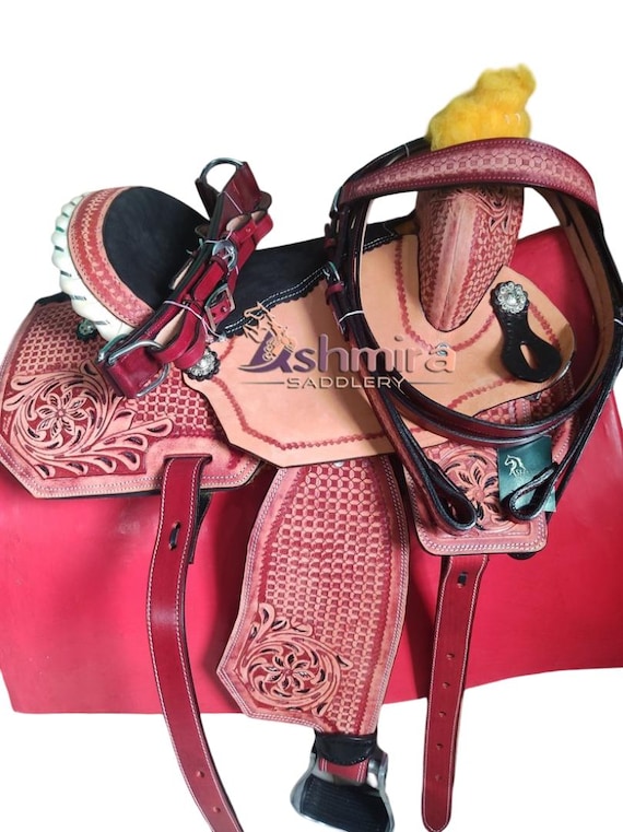 Ensemble Selle Western Cuir Noir/rose – Barrel Racing – Toutes Tailles Cheval