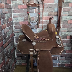 Western Barrel Leather Horse Saddle Pleasure Trail Comfort Seat With Matching Headstall Breast Collar & Reins Free Shipping