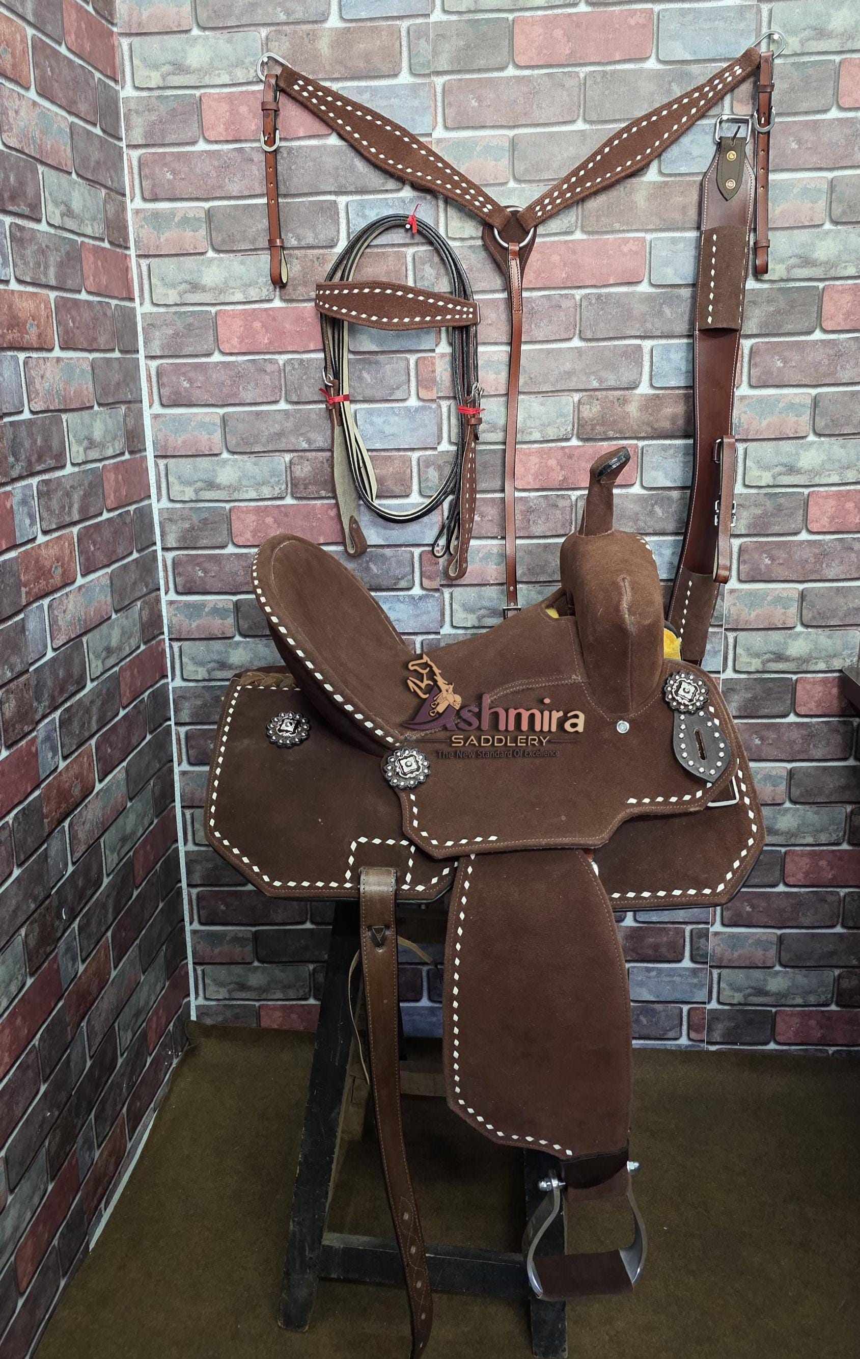 Western Barrel Leather Horse Saddle Pleasure Trail Comfort Seat With Matching Headstall Breast Collar & Reins Free Shipping
