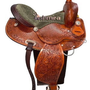 Round Skirt Leather Western Barrel Racing Trail Horse Saddle Saddle with Tack Set Free shipping