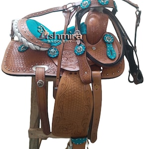 Handmade Leather Western Barrel Racing Saddle with Headstall & Breast Collar