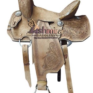 Hand Carved Leather Western Saddle: Pleasure Trail Comfort Seat with Headstall, Breast Collar & Reins