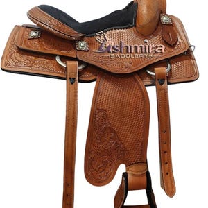Hand Tooled Leather Western Barrel Saddle Tack Set with Headstall, Breast Collar & Reins