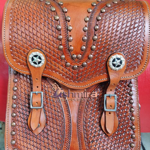 Cow Hide Genuine Leather Western Trail Tooling Carving Horse Saddle Bag. 