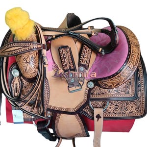 Hand Carved Two-Tone Leather Western Saddle with Black Suede Seat