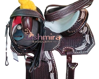 Western Barrel Racing Leather Horse Saddle Comfort Seat With Matching Headstall Breast Collar & Reins  Free Shipping