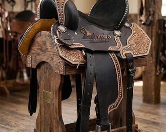Western Leather Horse Saddle with Tack Set, Tooled Floral Leather Horse Saddle Trail Riding Barrel Saddle