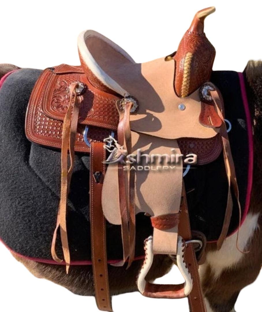 Selle de cheval Western Barrel en cuir de qualité supérieure avec potence en cuir assorti, collier de poitrine et rênes