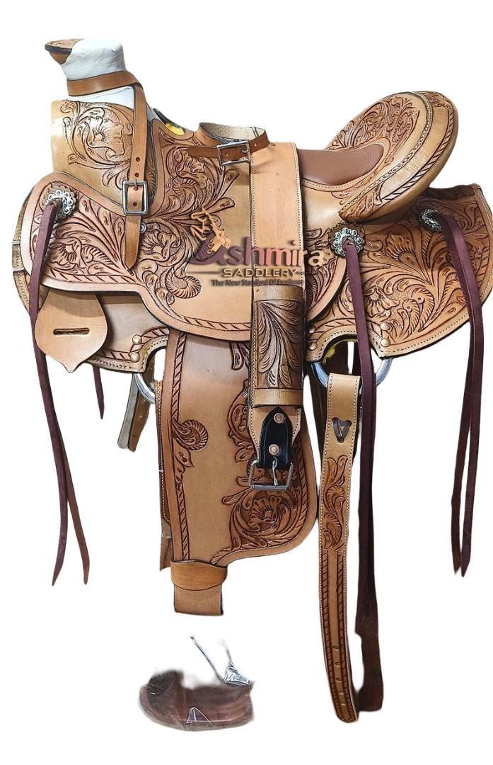 Wade Tree Premium Leather Quality Western Leather Saddle Pleasure Horse Floral Tooled With Tack Set Free Shipping