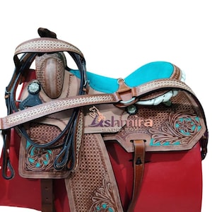 Hand-Carved Leather Western Barrel Saddle with Matching Tack Set – Padded Suede Seat