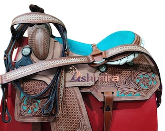 Western Premium Leather Quality Barrel Comfort Seat Horse Saddle with Matching Tack set Free Shipping
