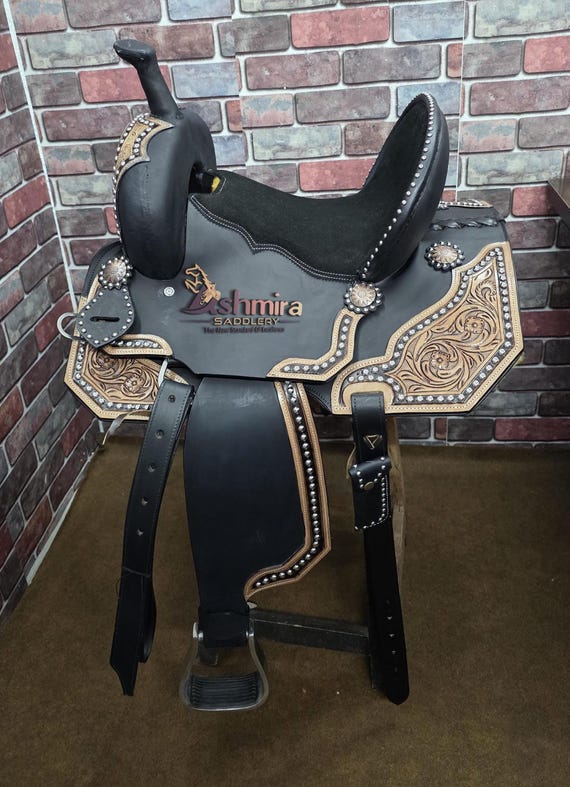 Selle en cuir de cheval de course Western Barrel noir avec