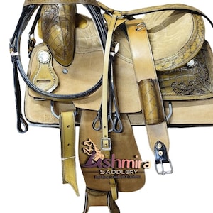 Western Barrel Leather Horse Saddle Pleasure Trail Comfort Seat With Matching Headstall Breast Collar & Reins Free Shipping