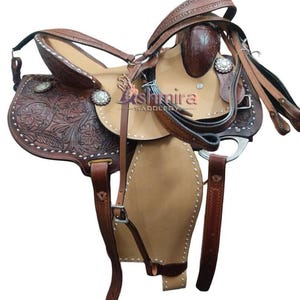 Western Barrel Racing Leather Horse Saddle Comfort Padded Seat With Matching Headstall Breast Collar & Reins Free Shipping