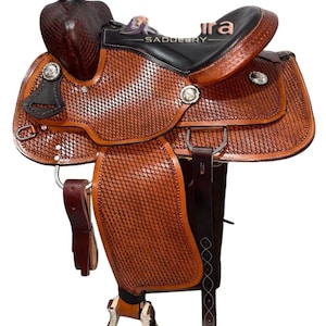 Hand Tooled Leather Western Saddle with Tack Set: Antique Oil Finish