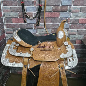Western Premium Leather Show Saddle Comfort Seat Horse Saddle with Matching Tack set Free Shipping