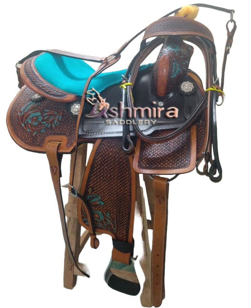 SELLE DE CHEVAL en cuir Western Barrel avec ensemble de punaises de 10