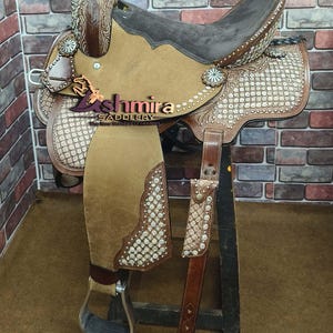 Hand Tooled Leather Western Saddle: Trail Riding, Roping, Padded Seat