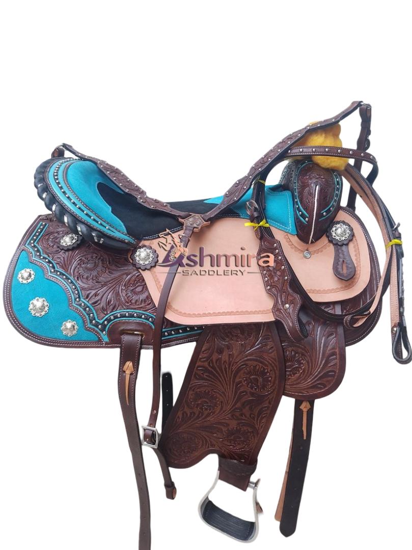 Selle Western barrel en cuir graissé, siège en cuir lisse et arceau