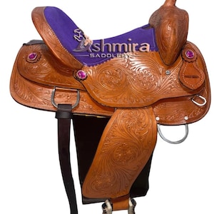 Hand Tooled Leather Western Saddle: Pleasure Trail Comfort Seat with Headstall, Breast Collar & Reins