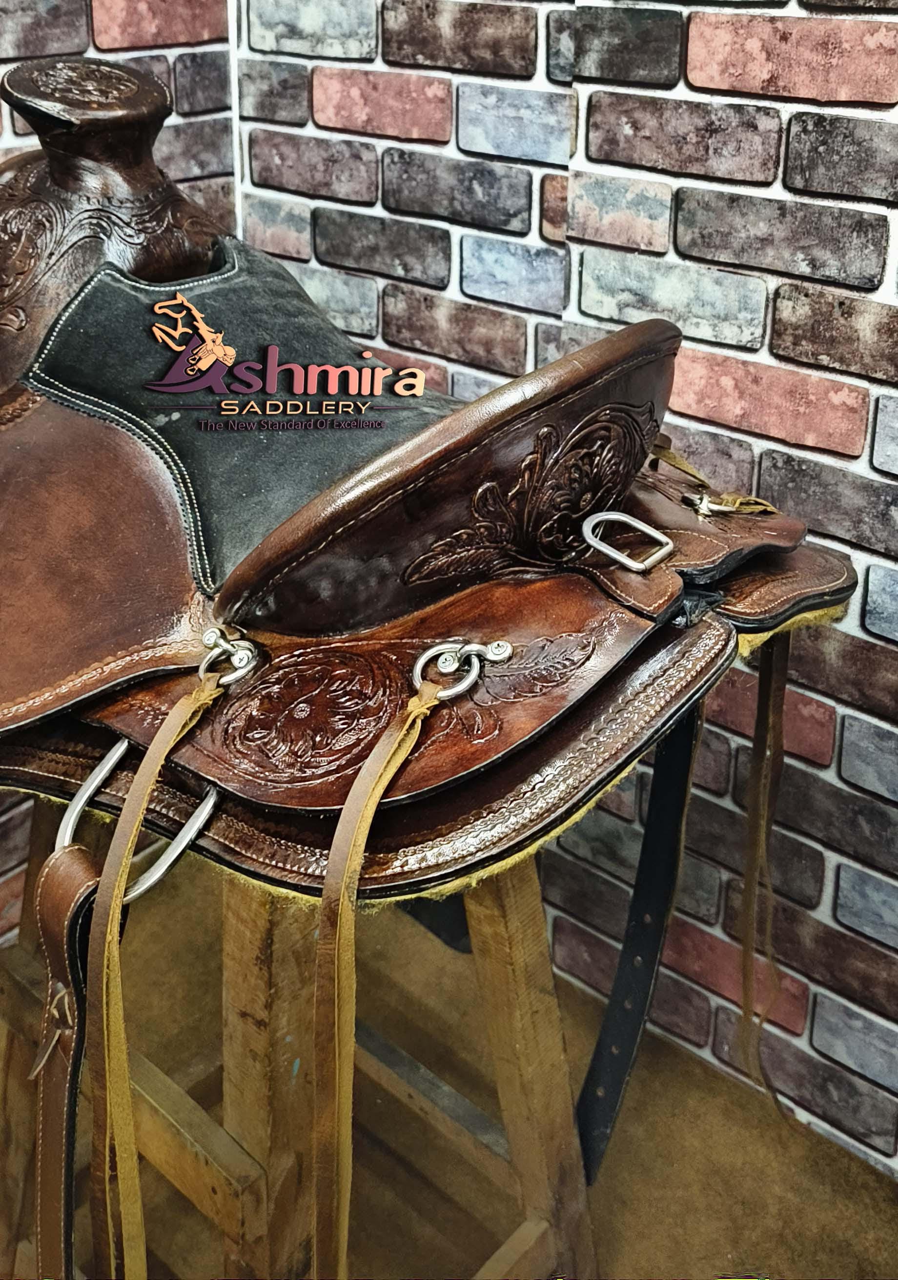 Selle Western AshMira Saddlery – Cuir Main, Arbre Bois/fibre, Tailles 10-18 Pouces