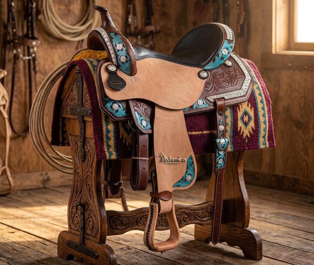 colorful☆管518☆イタリア製☆アンティーク☆アイアン☆ドレッサー Western Leather Saddle Turquoise Floral Inlay | Natural Roughout