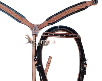 Conjunto de cabezada, pechera y riendas de cuero estilo western para caballo, ajustables.