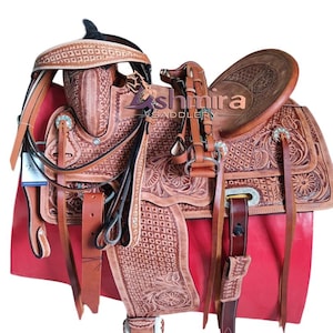 Western Barrel Leather Horse Saddle Pleasure Trail Comfort Seat With Matching Headstall Breast Collar & Reins Free Shipping