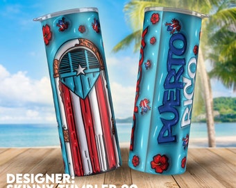 Skinny tumbler 20oz Puerto Rico, Chinchorreo boricua Inflated effect, Puerto Rican design, 3D puffy, PNG
