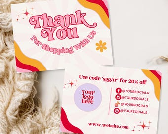 Retro Thank You Card - Editable Canva Design, Bright Groovy Marketing Insert for Small Business Branding