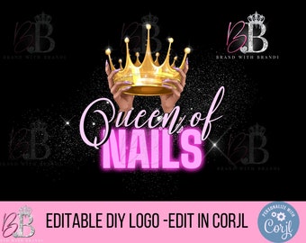 Puede incluir: Diseño de logotipo DIY editable para un salón de manicura. El logotipo presenta una corona dorada con manos rosas sosteniéndola, el texto "Queen of Nails" en rosa y un fondo negro brillante. El texto "Brand with Brandi" aparece en las esquinas del diseño.
