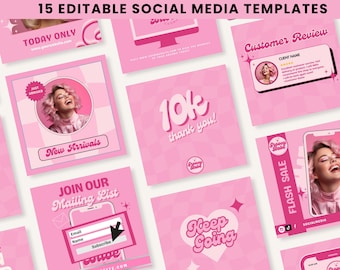 Pink Retro Social Media Post Templates, Canva Editable Instagram Flyers for Hair/Lash/Nails/Cosmetics- Beauty Branding, Y2K instagram