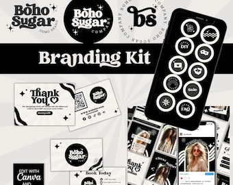 Retro Branding Kit Design For Small Business, Retro Branding Set, Groovy/Hippie Boho Editable Logo Set, Highlight Covers, Canva Templates