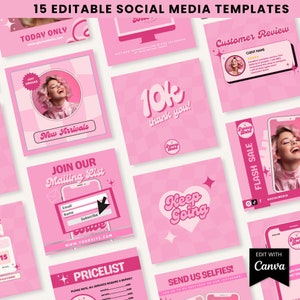 Pink Retro Social Media Post Templates, Canva Editable Instagram Flyers for Hair/Lash/Nails/Cosmetics- Beauty Branding, Y2K instagram